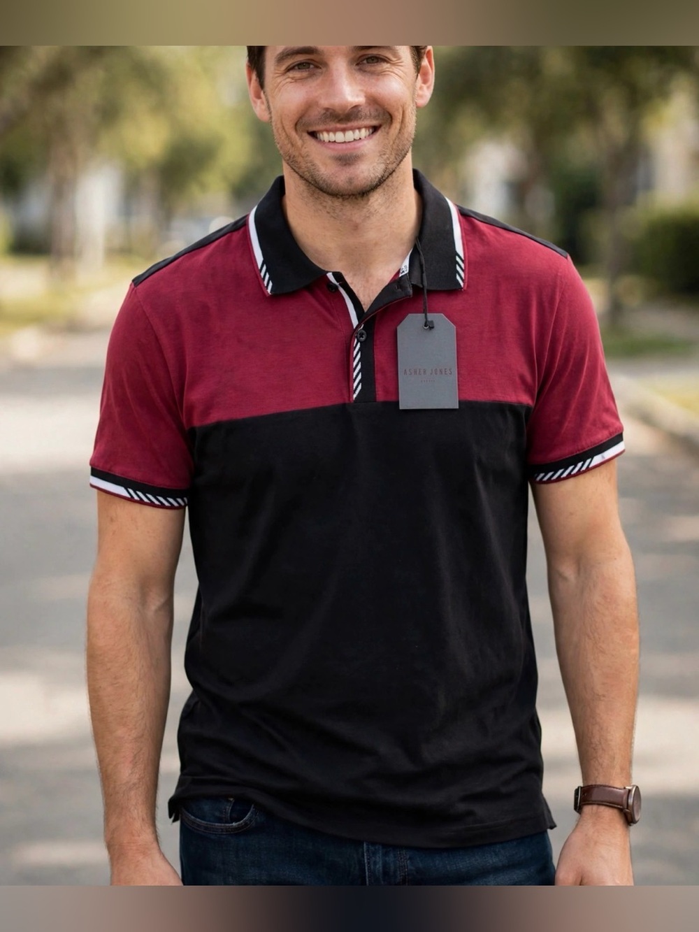 Men’s Raspberry and Black Colorblock Polo